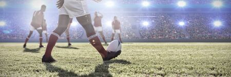 Diverse rugby players on field against digital image of crowded soccer stadium