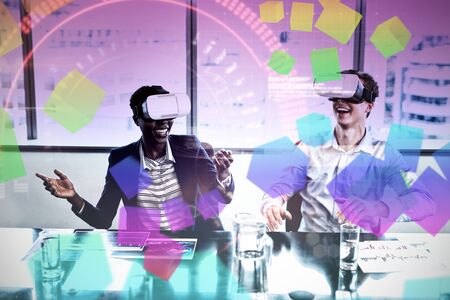 Composite image of face against smiling executives using virtual reality headset