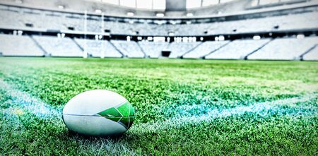 Close-up of Rugby ball on a grass in the empty stadiumの写真素材