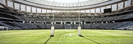 Empty Rugby goal post on a sunny day in the stadiumの写真素材