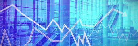 Stocks and shares against escalator, pillars and exterior glass wall in a modern office