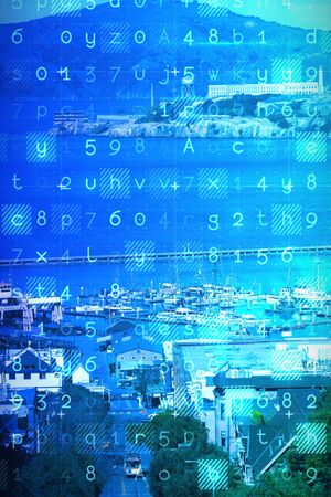 Virus background against sail boat moored in the portの写真素材