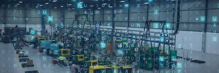 Virus background against factory warehouse building interior