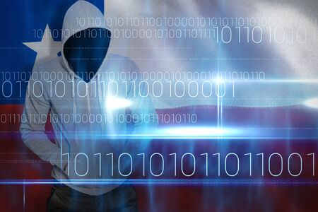 Robber in gray hoodie with hands in pockets against blue technology design with binary code