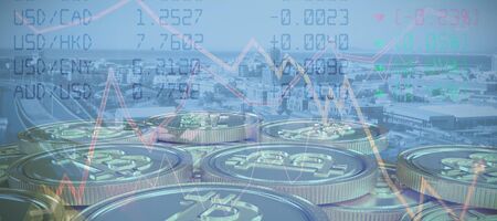 Financial figures of stock against cityscape by sea against blue sky