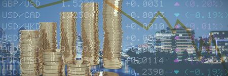 Financial figures on screen against metropolitan city with waterfront