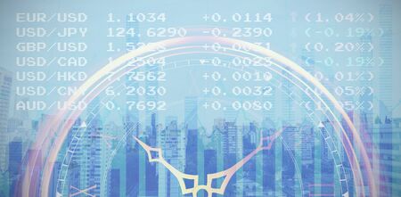 Cropped image of golden outline clock against blue data