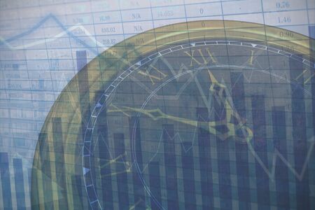 Close up of clock against stocks and shares