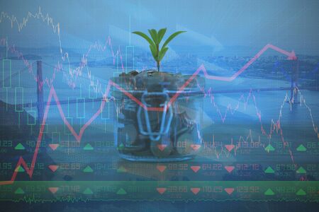 Red line graph against plant growing in saving coinsの写真素材