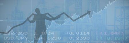 businessman with arrow against image of factoryの写真素材