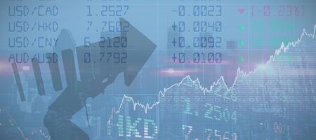 businessman with arrow against view of city skyline