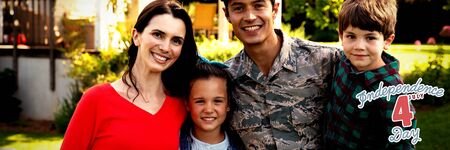 Independence day against portrait of soldier with family