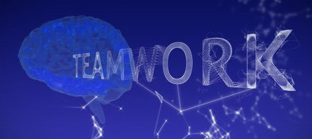 Graphic image of teamwork text against plain blue background
