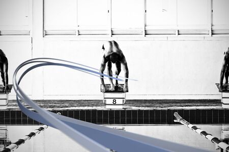 Grey line design against swimmers ready to plunge