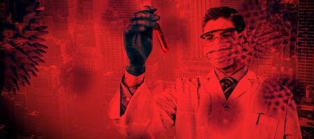 Doctor wearing protective glasses and surgical mask holding a test tube against view of city....