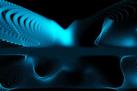 Abstract illustration of glowing blue digital mesh wave against black background. technology background with abstract textures and shapesの写真素材