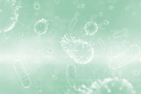 Abstract illustration of covid-19 cells and blood vessels floating against green background. illustration of covid-19 outbreak and pandemic medical health risk conceptの写真素材