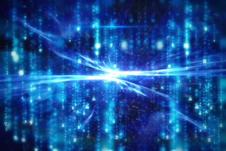 Abstract illustration of glowing light trails over data processing against blue background. computer...