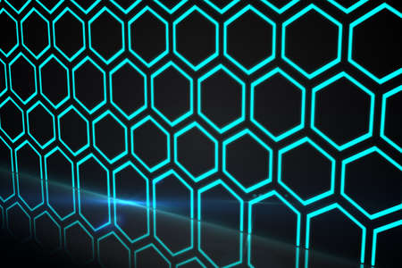 Abstract illustration of green neon geometrical hexagonal shapes against black background....