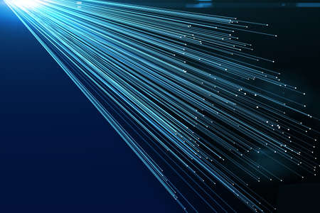 Abstract illustration of blue glowing light trails coming through spot of light against blue...