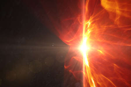 Abstract illustration of red glowing digital wave bursting against black background. illustration of futuristic technology concept.の写真素材