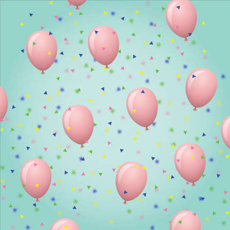 Falling confetti over multiple pink balloons over green background. happy birthday party festivity celebration concept digitally generated image.の写真素材