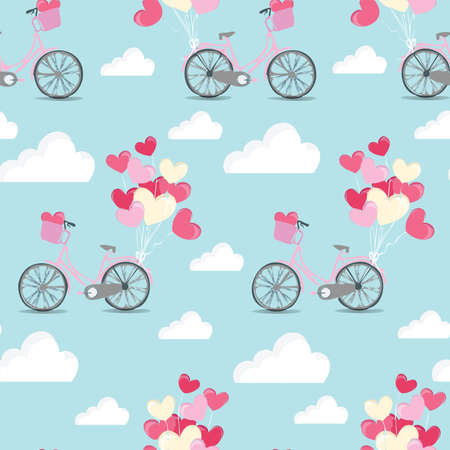Bikes with heart shaped balloons over clouds on blue background. valentine's day romance love celebration concept digitally generated image.の写真素材