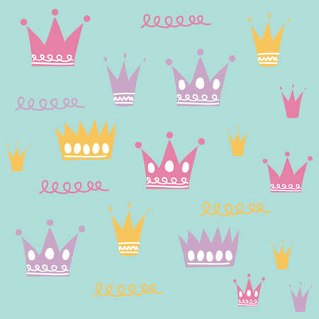 Multiple colourful crowns and squiggles on green background. colour and shape concept digitally generated image.の写真素材