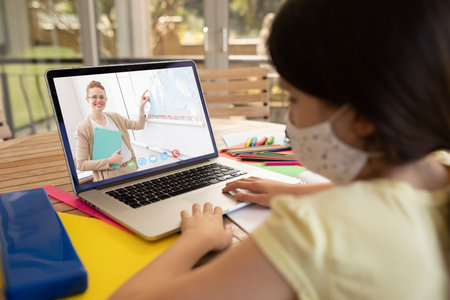 Caucasian schoolgirl wearing face mask using laptop on video call with female teacher. Online...