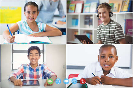 Laptop webcam view of multiple diverse students on video conference. distance learning online education conceptの写真素材