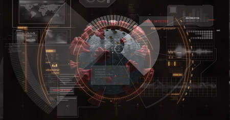 Digital illustration of macro Covid-19 cell with data, statistics and numbers floating over...