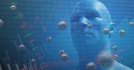 Digital illustration of macro Covid-19 cells floating, stock market statistics over a 3D human body...