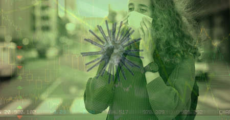Digital illustration of a Coronavirus Covid-19 cell over data processing, statistics showing in the...