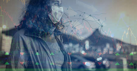 Digital illustration of a Coronavirus Covid-19 cell over data processing, statistics showing in the background. Medicine public health pandemic coronavirus Covid 19 outbreak concept digital composite.の写真素材