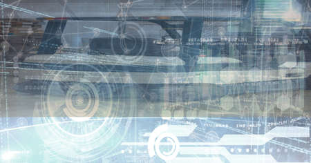 Digital illustration of a plane starting, with data processing, statistics showing over a cityscape...
