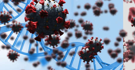 Digital illustration of macro Covid-19 cells floating with a DNA strain on red background....