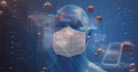 Digital illustration of macro Covid-19 cells floating, stock market statistics over a 3D human body...