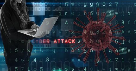 Digital illustration of a macro Covid-19 cell with a man wearing a hoodie using a laptop over...