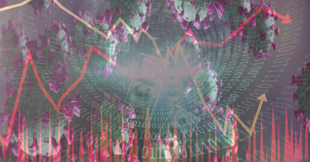 Digital illustration of a coronavirus Covid-19 cell lying by a face mask over data processing, statistics showing in the background. Medicine public health pandemic coronavirus Covid 19 outbreak concept digital composite.の写真素材