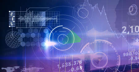 Digital illustration of a plane with a human eye over data processing, statistics showing in the...