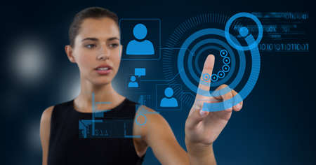 Scope with icons over woman using interactive digital screen. global technology, business and...