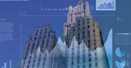 Financial data processing over skyscrapers on blue background. global technology, business and...