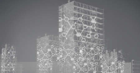 Network of connections over modern cityscape in background. global technology, business and finance...