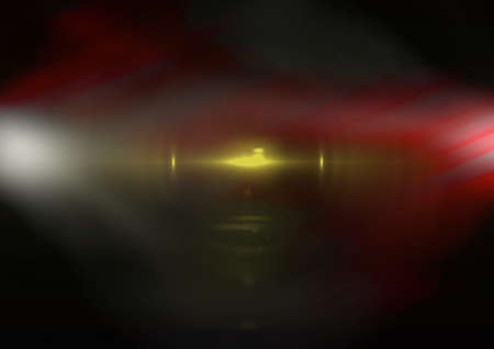 Glowing white, red and yellow spots of light and light trails over black background. light and...
