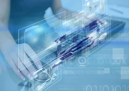 Interface showing information and statistics with hands of woman using computer mouse and keyboard....