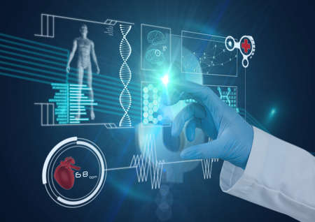 Hand in surgical glove touching screen with scientific data processing with human body and dna....