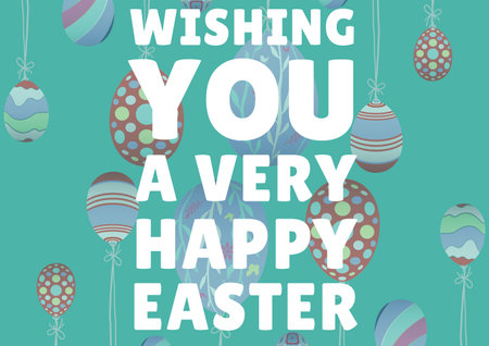 Wishing you a very happy easter text with easter eggs on green background. easter holiday...
