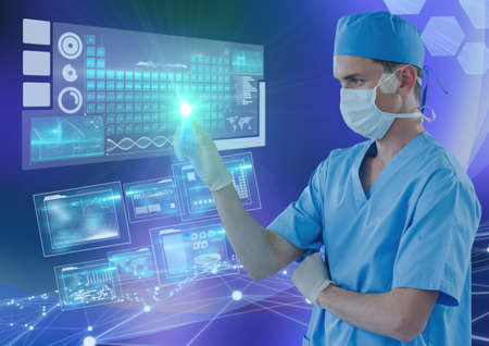 Male doctor using interactive screen with scientific data processing on purple background. global...