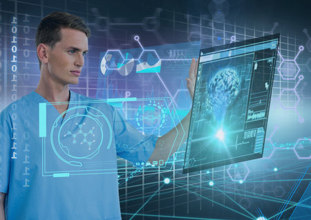 Male doctor touching screen with scientific data processing and human brain. global medicine science...