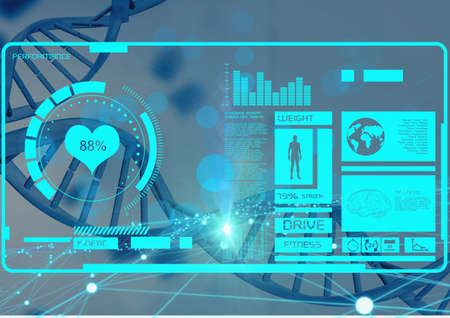 Scientific data processing with human body and scope scanning over dna strand on blue background....